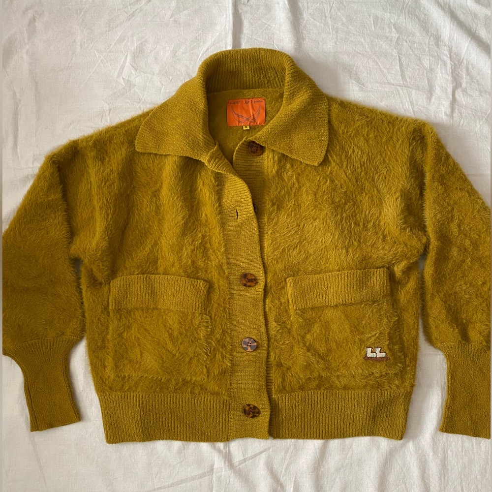 Fuzzy green rain boots cardigan by Kina and Tam